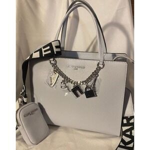 NWT~KARL LAGERFELD LEATHER ICE BLUE C/B DBL HANDLE BAG COIN PURSE 5 SILVR CHARMS